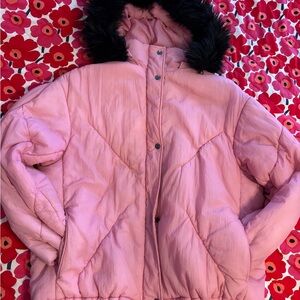 Armani Exchange Pink Puffer Jacket With Faux Fur Trim